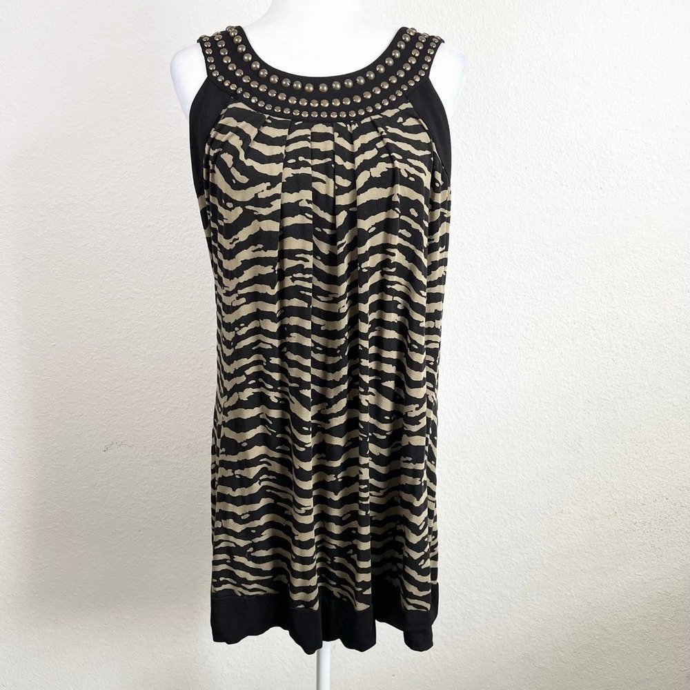 Michael Kors Zebra Animal Print Sleeveless Shift Dress Beaded Women's L Petite